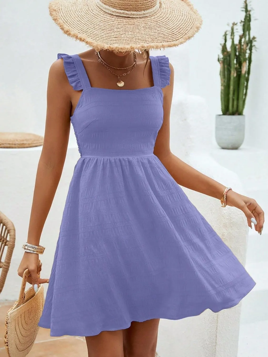 SISKIN Women's Summer Spaghetti Strap Sleeveless Square Neck Ruffle A Line Swing Mini Dress 2025