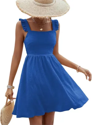 SISKIN Women's Summer Spaghetti Strap Sleeveless Square Neck Ruffle A Line Swing Mini Dress 2025