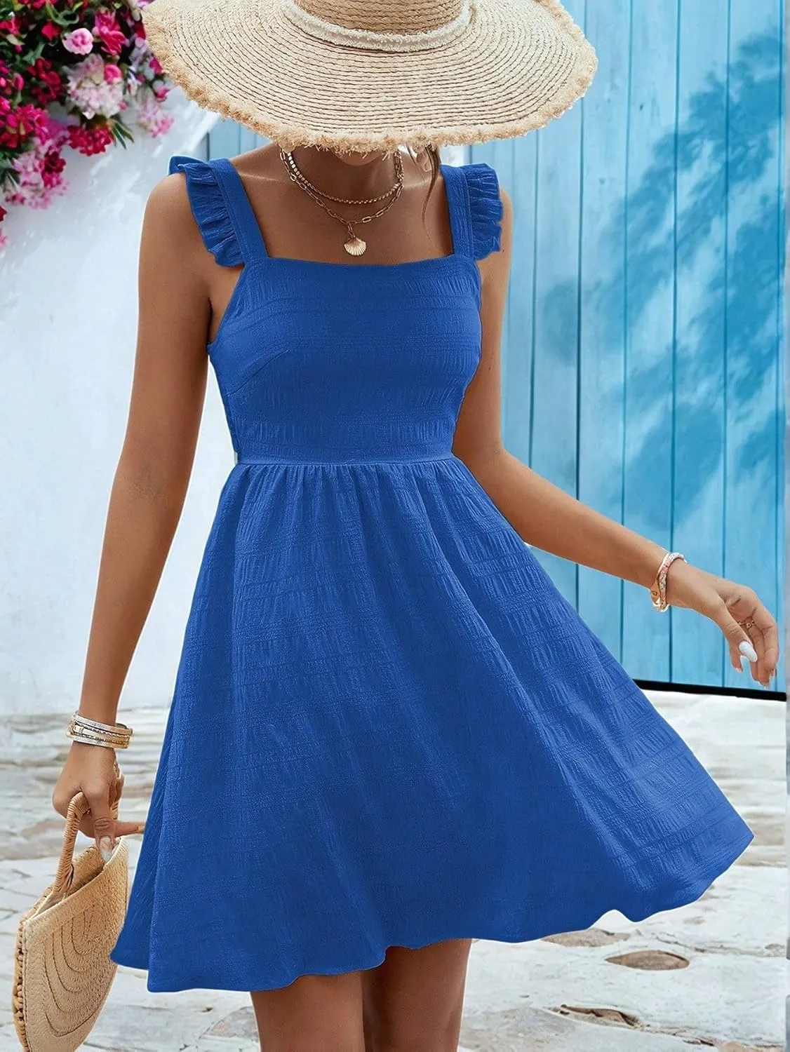 SISKIN Women's Summer Spaghetti Strap Sleeveless Square Neck Ruffle A Line Swing Mini Dress 2025