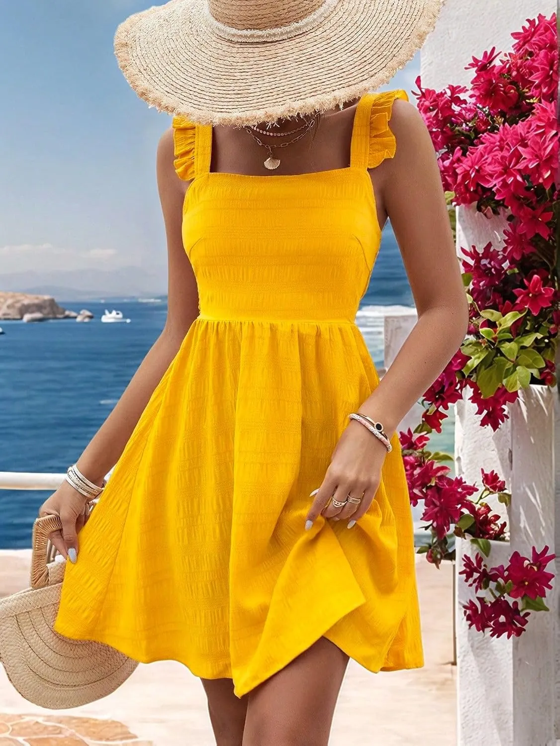 SISKIN Women's Summer Spaghetti Strap Sleeveless Square Neck Ruffle A Line Swing Mini Dress 2025