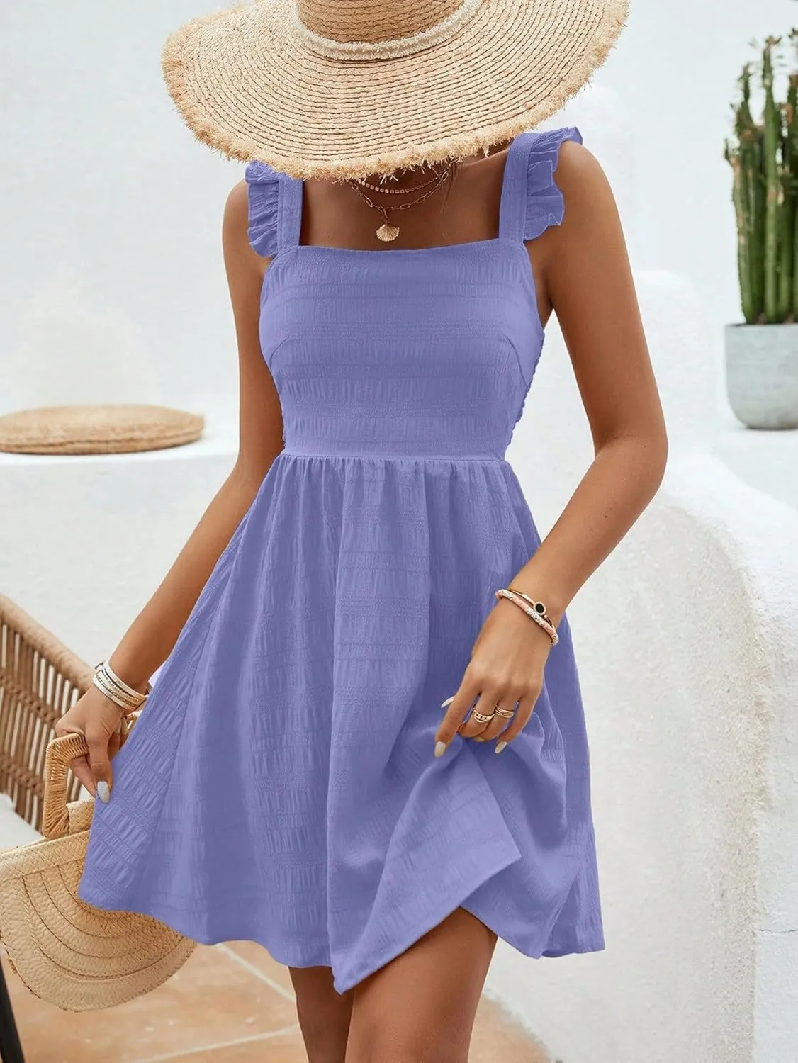 SISKIN Women's Summer Spaghetti Strap Sleeveless Square Neck Ruffle A Line Swing Mini Dress 2025