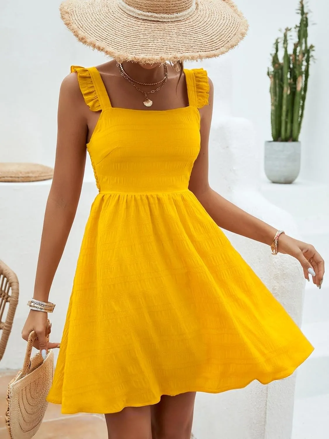 SISKIN Women's Summer Spaghetti Strap Sleeveless Square Neck Ruffle A Line Swing Mini Dress 2025