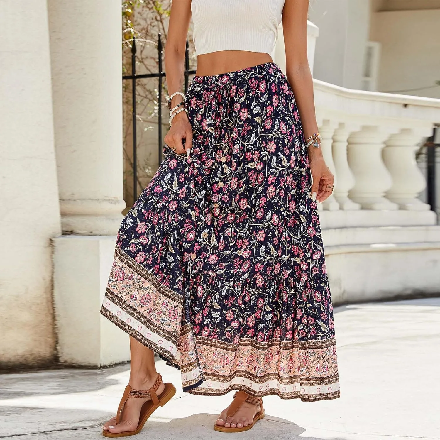 Skirts for Women Boho High Waisted Flowy Drawstring Ruched Casual Skirt Elastic Waist Elegant Patchwork Beach Skorts
