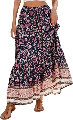 Skirts for Women Boho High Waisted Flowy Drawstring Ruched Casual Skirt Elastic Waist Elegant Patchwork Beach Skorts