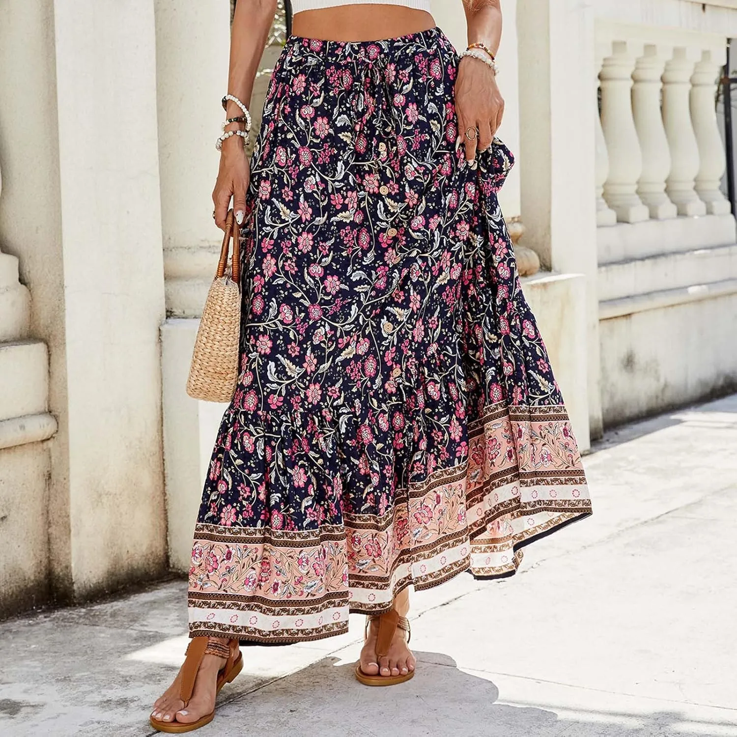 Skirts for Women Boho High Waisted Flowy Drawstring Ruched Casual Skirt Elastic Waist Elegant Patchwork Beach Skorts