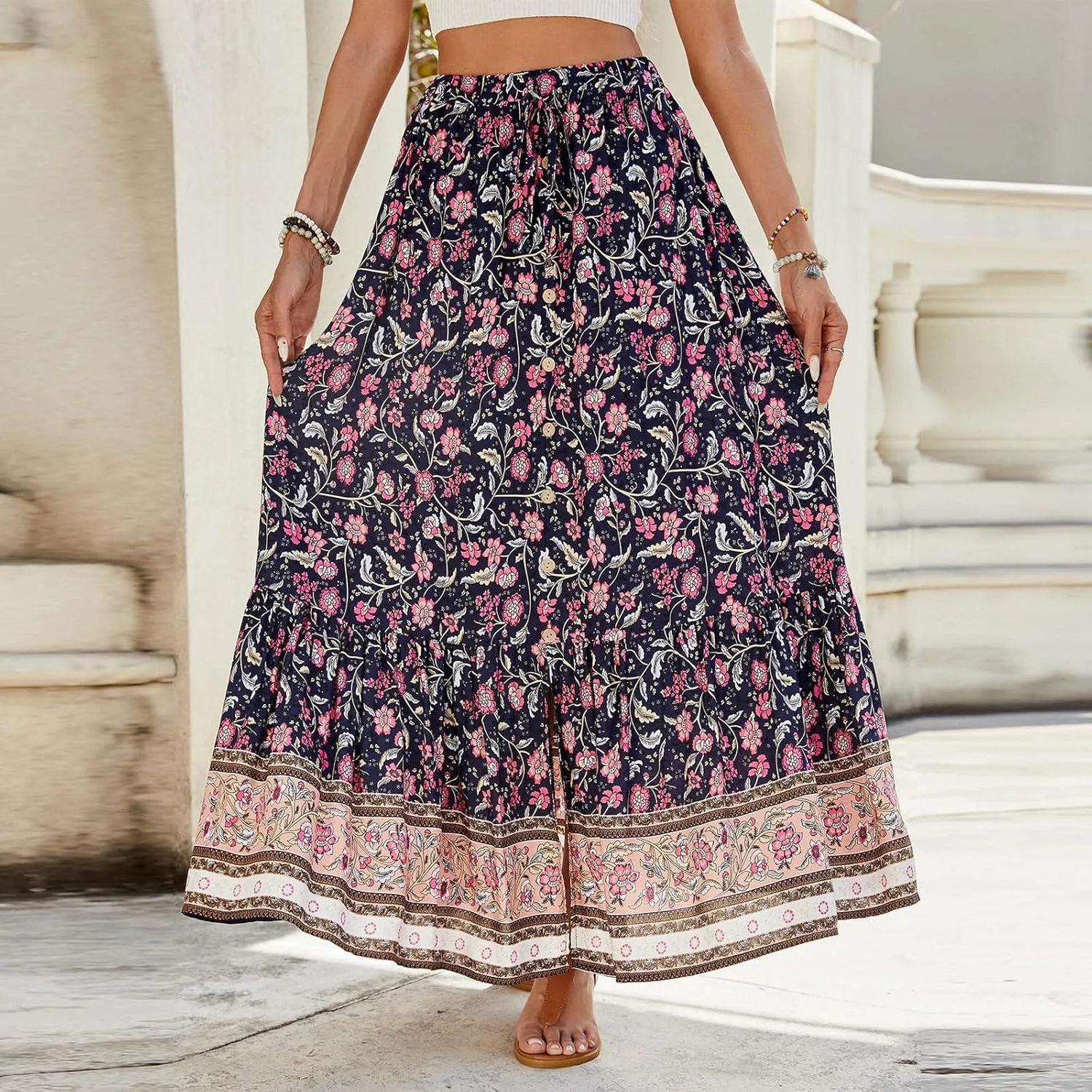 Skirts for Women Boho High Waisted Flowy Drawstring Ruched Casual Skirt Elastic Waist Elegant Patchwork Beach Skorts