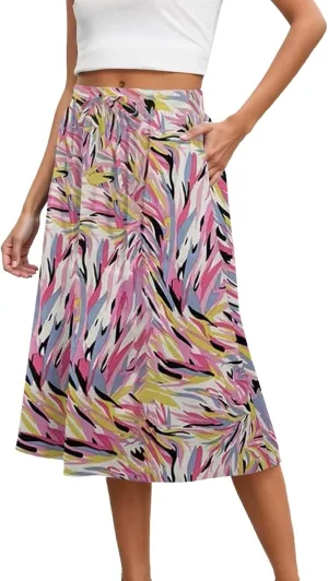 Skirts for Women Stretchy Elastic Waist Mid Length Baggy Skirt Lighweight Drawstring High Waisted Skorts with Pockets