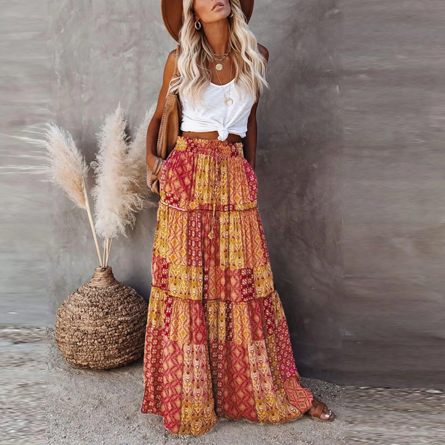 Skirts for Women Summer Flowy Tiered Elastic High Waisted Skirt Vacation Swing Long Floral Maxi Skirts