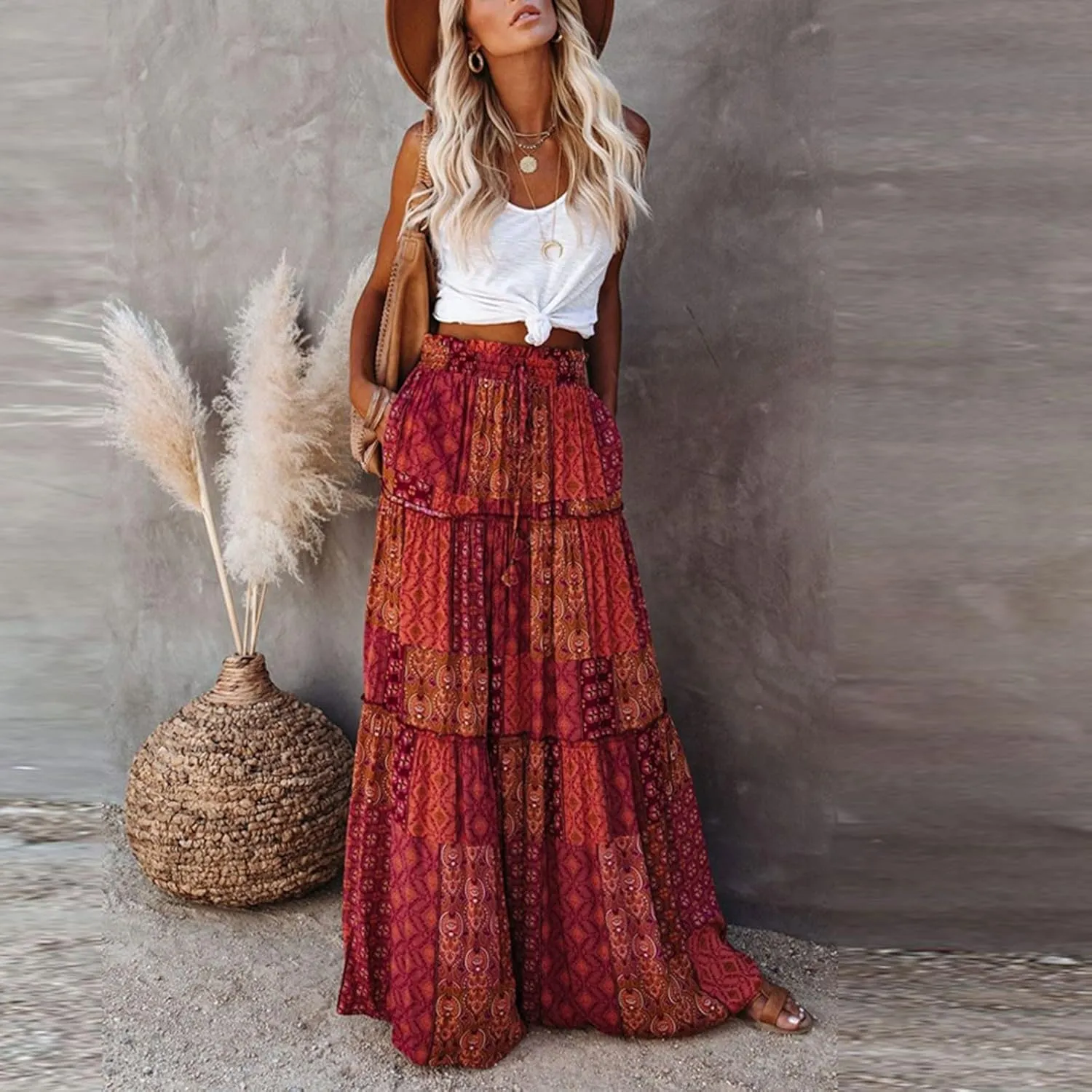 Skirts for Women Summer Flowy Tiered Elastic High Waisted Skirt Vacation Swing Long Floral Maxi Skirts