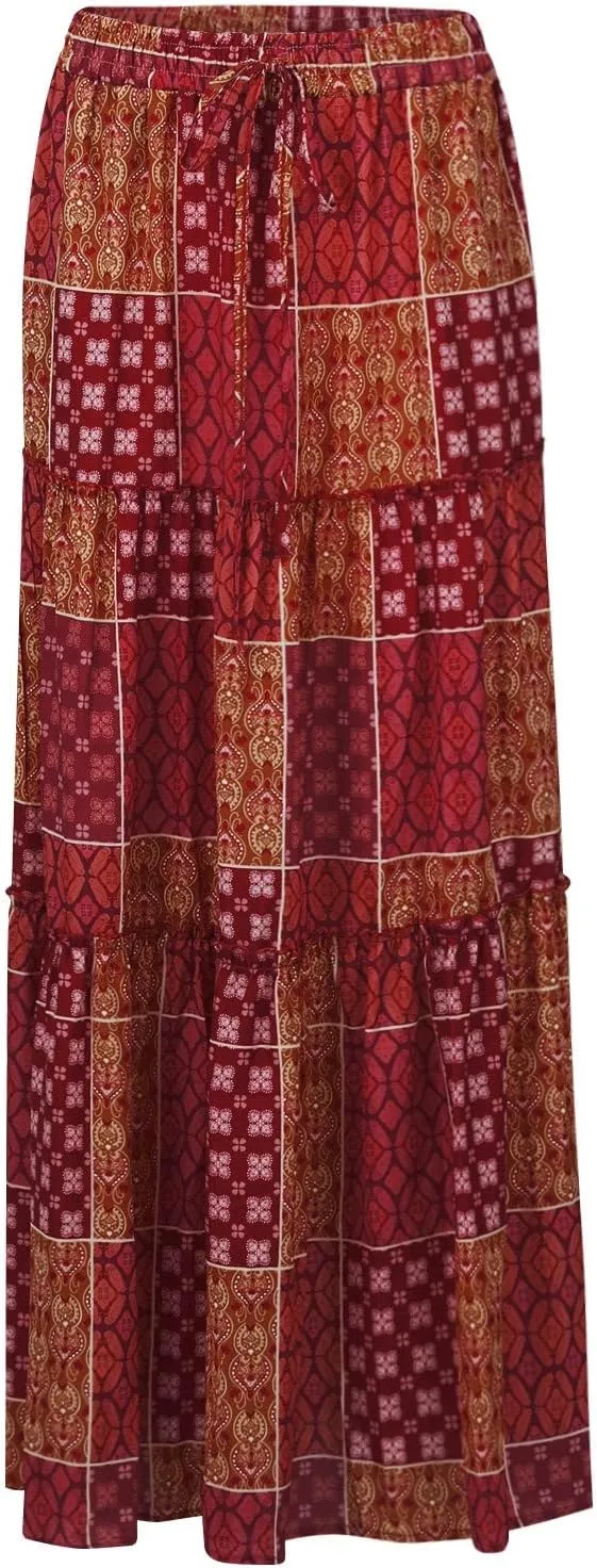 Skirts for Women Summer Flowy Tiered Elastic High Waisted Skirt Vacation Swing Long Floral Maxi Skirts