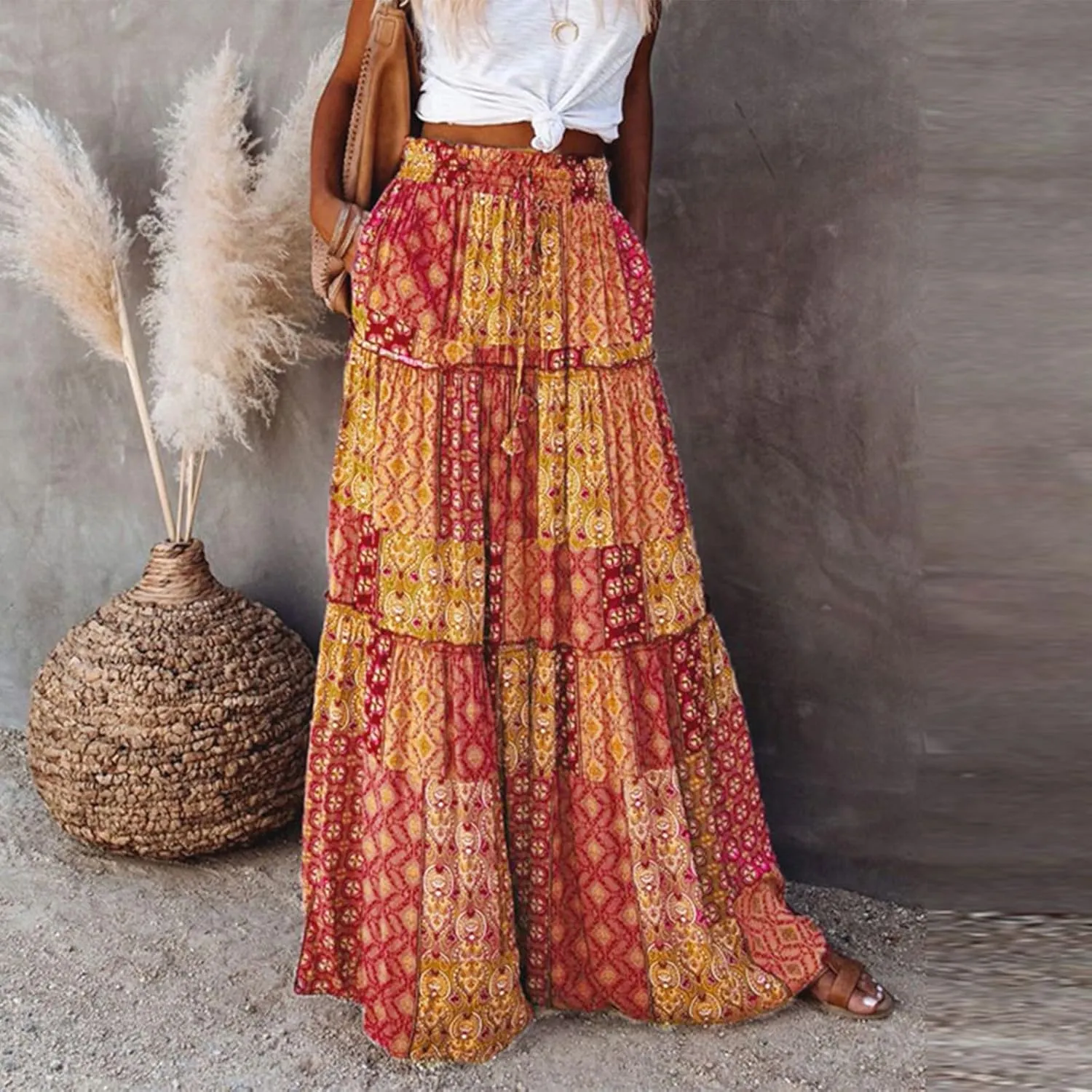 Skirts for Women Summer Flowy Tiered Elastic High Waisted Skirt Vacation Swing Long Floral Maxi Skirts