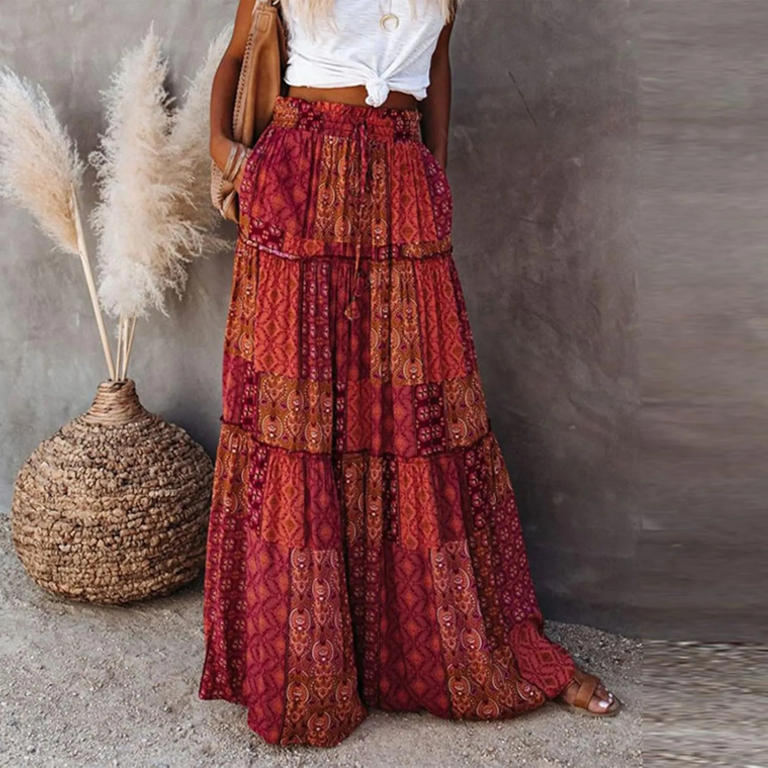 Skirts for Women Summer Flowy Tiered Elastic High Waisted Skirt Vacation Swing Long Floral Maxi Skirts
