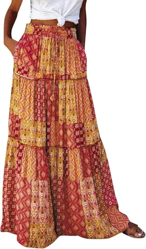 Skirts for Women Summer Flowy Tiered Elastic High Waisted Skirt Vacation Swing Long Floral Maxi Skirts