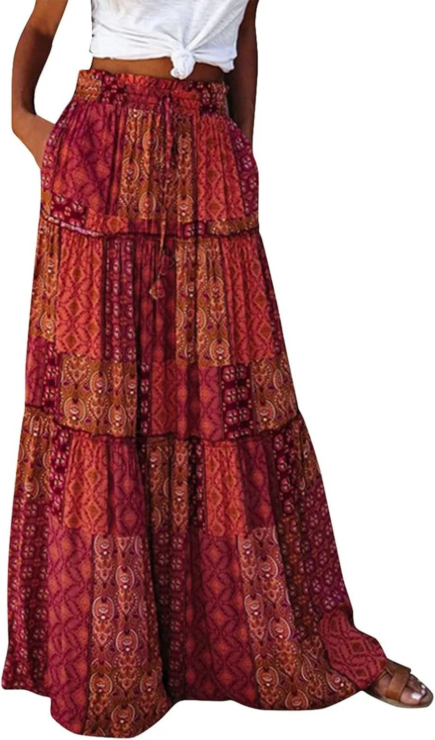 Skirts for Women Summer Flowy Tiered Elastic High Waisted Skirt Vacation Swing Long Floral Maxi Skirts