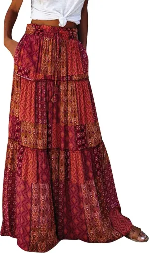 Skirts for Women Summer Flowy Tiered Elastic High Waisted Skirt Vacation Swing Long Floral Maxi Skirts