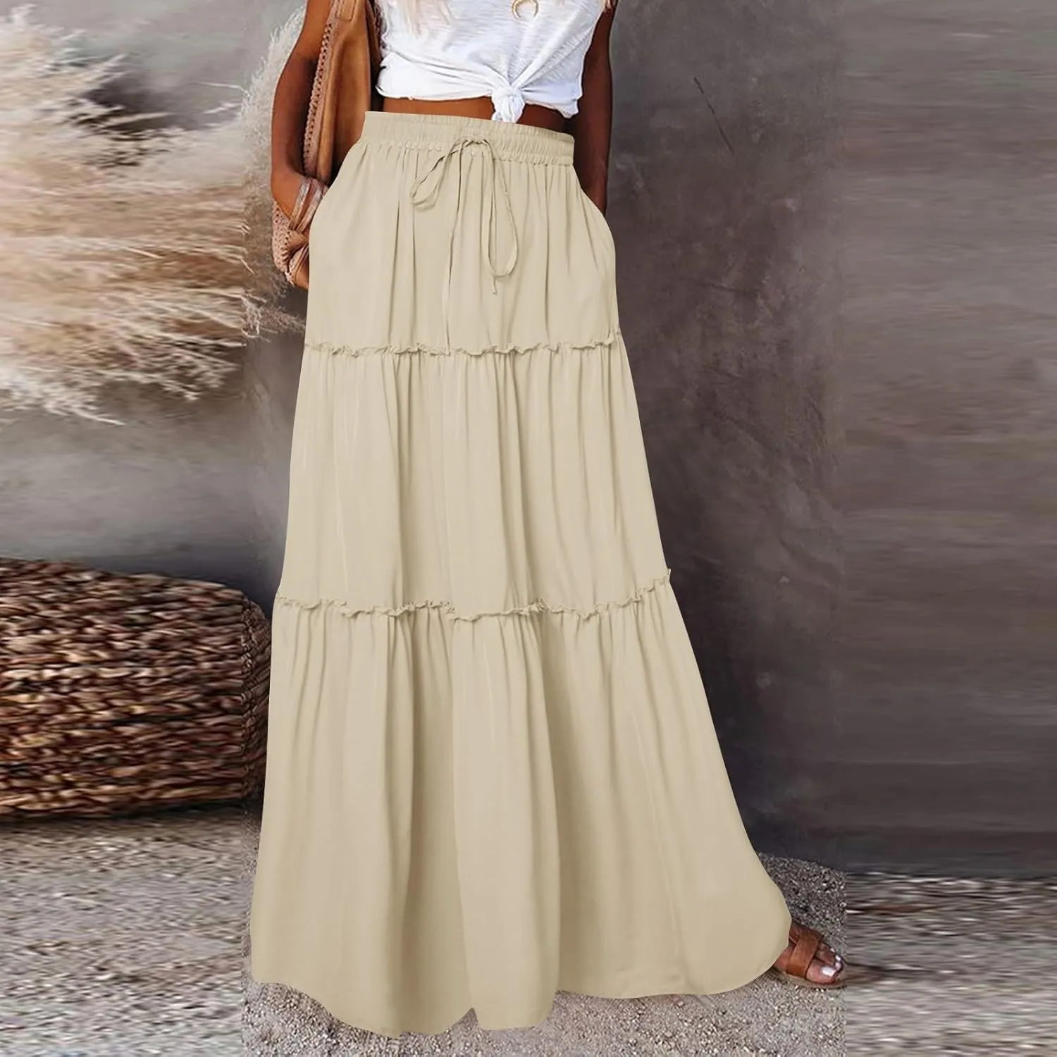 Skirts for Women Summer Flowy Tiered Elastic High Waisted Skirt Vacation Swing Long Solid Maxi Beach Skirts