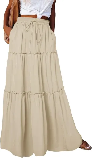 Skirts for Women Summer Flowy Tiered Elastic High Waisted Skirt Vacation Swing Long Solid Maxi Beach Skirts