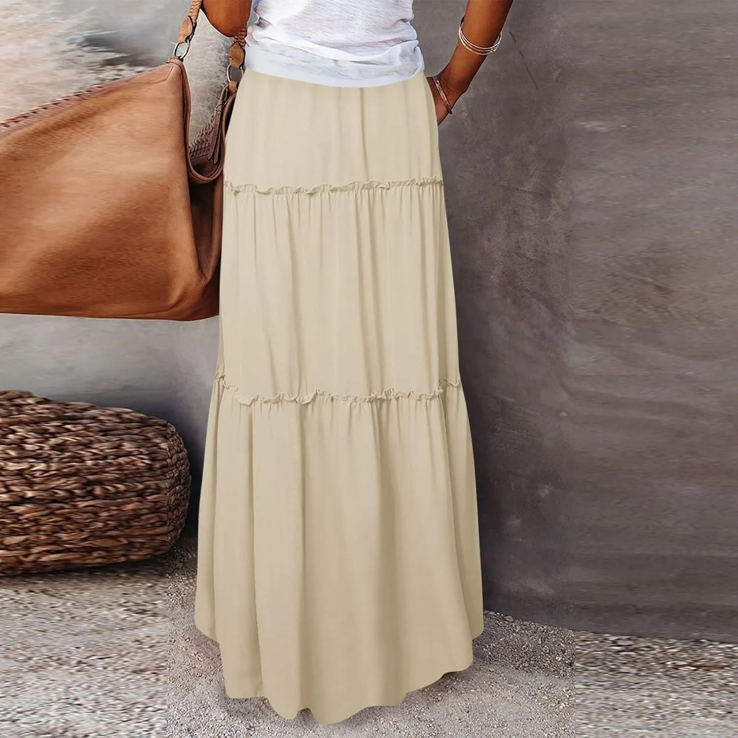 Skirts for Women Summer Flowy Tiered Elastic High Waisted Skirt Vacation Swing Long Solid Maxi Beach Skirts