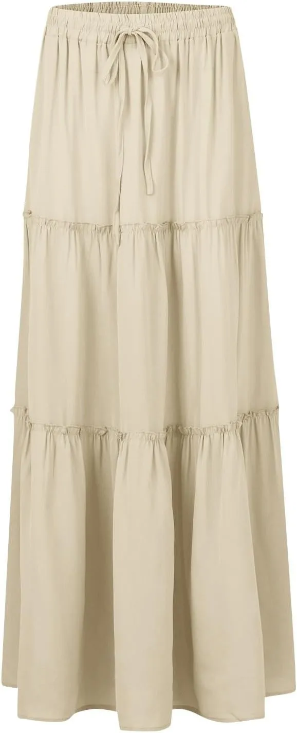 Skirts for Women Summer Flowy Tiered Elastic High Waisted Skirt Vacation Swing Long Solid Maxi Beach Skirts