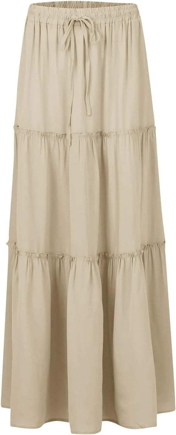 Skirts for Women Summer Flowy Tiered Elastic High Waisted Skirt Vacation Swing Long Solid Maxi Beach Skirts