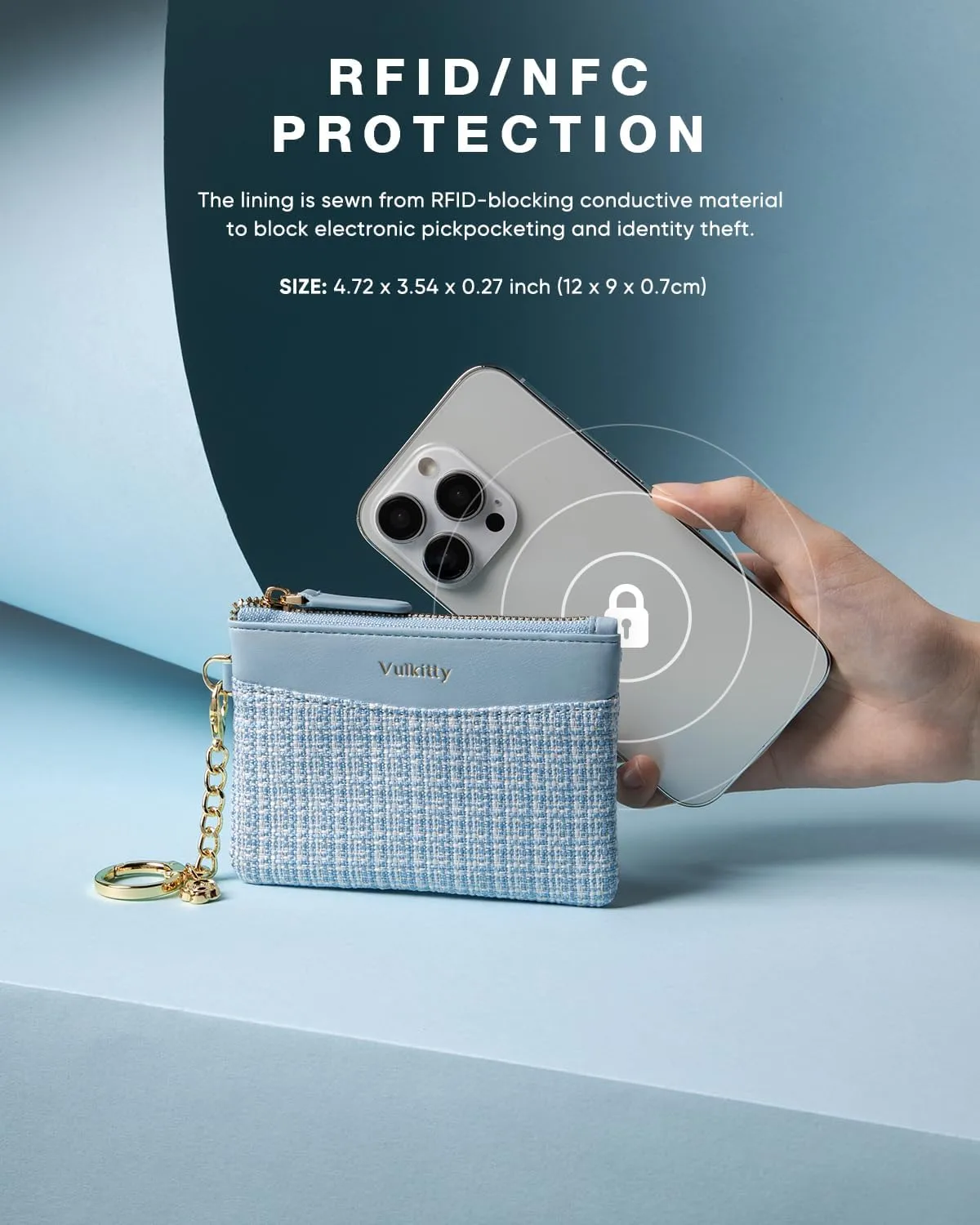 Slim Coin Purse with Keychain Minimalist Zipper Pouch Change Wallet Rfid Blocking Credit Card Wallet for Women (Blue)