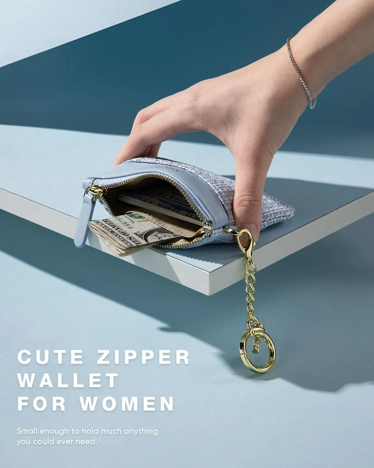 Slim Coin Purse with Keychain Minimalist Zipper Pouch Change Wallet Rfid Blocking Credit Card Wallet for Women (Blue)