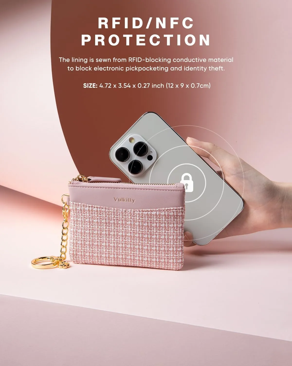 Slim Coin Purse with Keychain Minimalist Zipper Pouch Change Wallet Rfid Blocking Credit Card Wallet for Women (Rose)