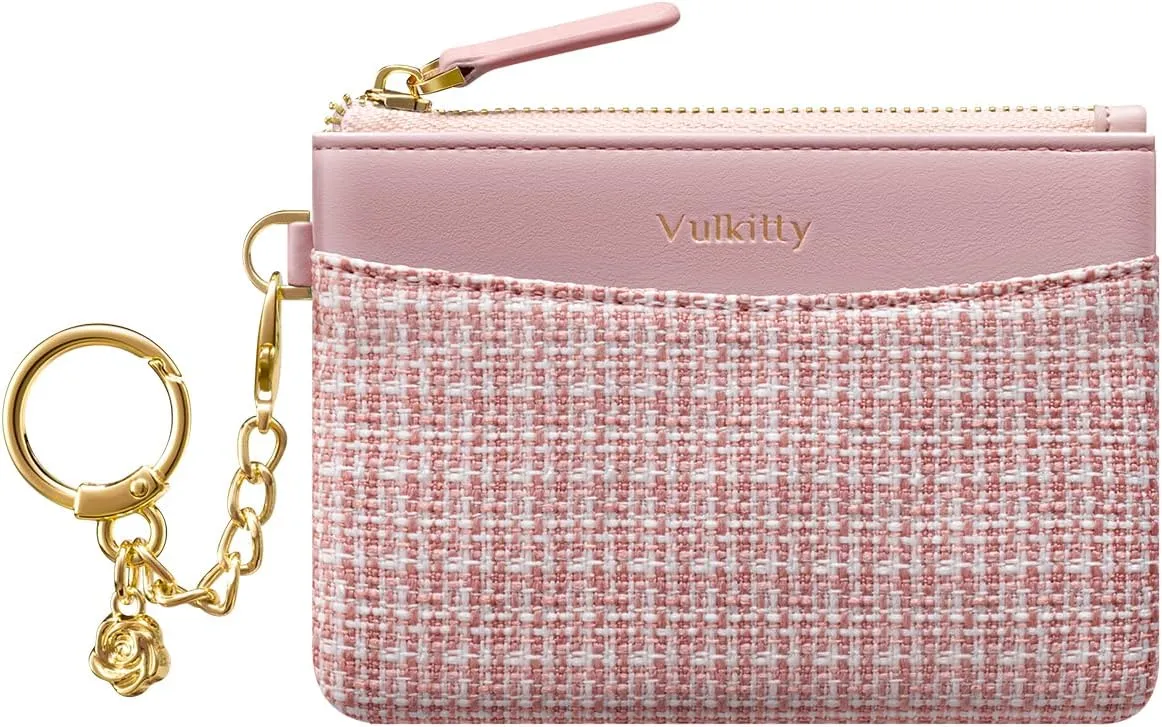 Slim Coin Purse with Keychain Minimalist Zipper Pouch Change Wallet Rfid Blocking Credit Card Wallet for Women (Rose)