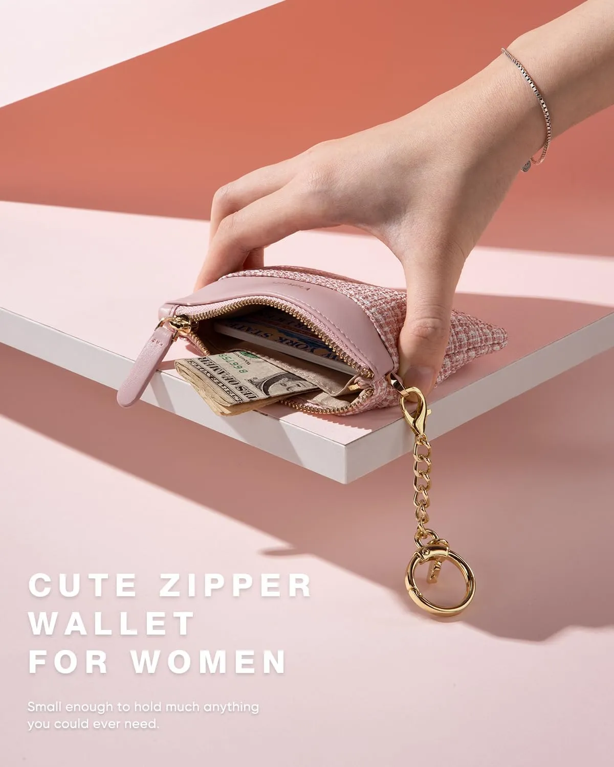 Slim Coin Purse with Keychain Minimalist Zipper Pouch Change Wallet Rfid Blocking Credit Card Wallet for Women (Rose)