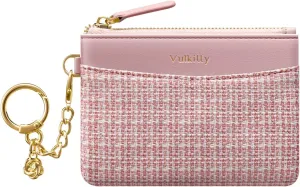 Slim Coin Purse with Keychain Minimalist Zipper Pouch Change Wallet Rfid Blocking Credit Card Wallet for Women (Rose)