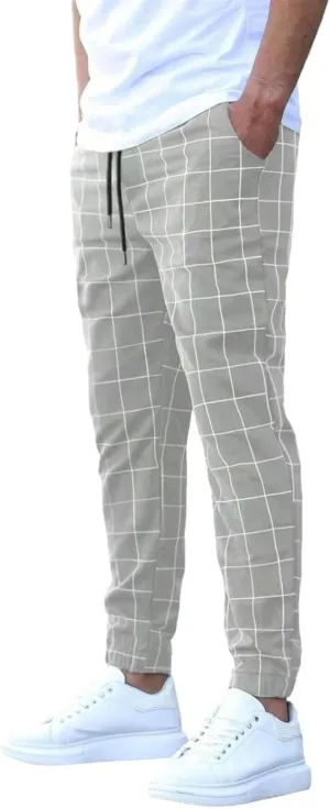Slim Fit Plaid Chino Pants for Men Flat-Front Stretch Dress Pants Business Pencil Suit Pant Casual Skinny Golf Pant