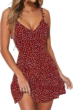 Spaghetti Straps Boho Dress for Women 2025 Summer V Neck Sleeveless Floral Printed Mini Sun Dresses Beach Vacation Clothes