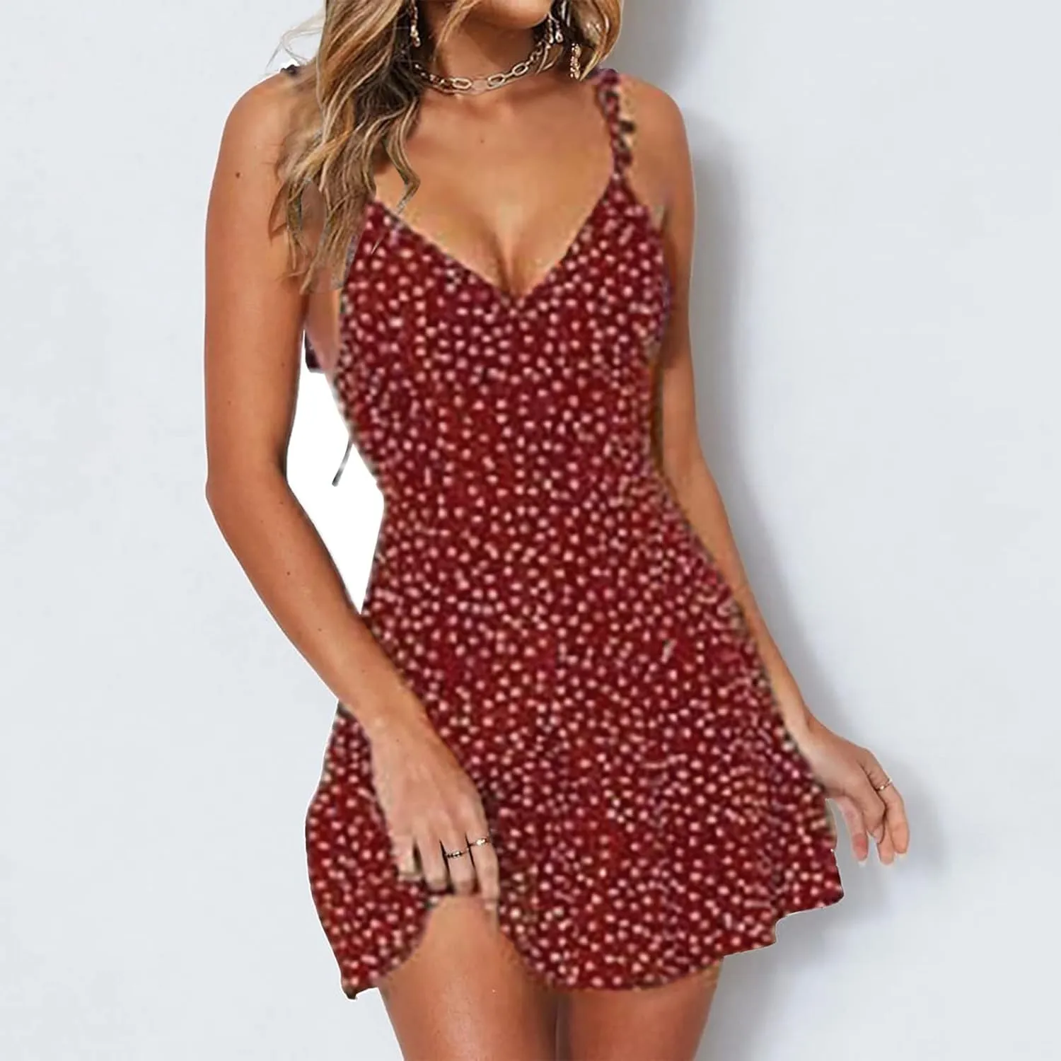 Spaghetti Straps Boho Dress for Women 2025 Summer V Neck Sleeveless Floral Printed Mini Sun Dresses Beach Vacation Clothes