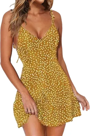 Spaghetti Straps Boho Dress for Women 2025 Summer V Neck Sleeveless Floral Printed Mini Sun Dresses Beach Vacation Clothes