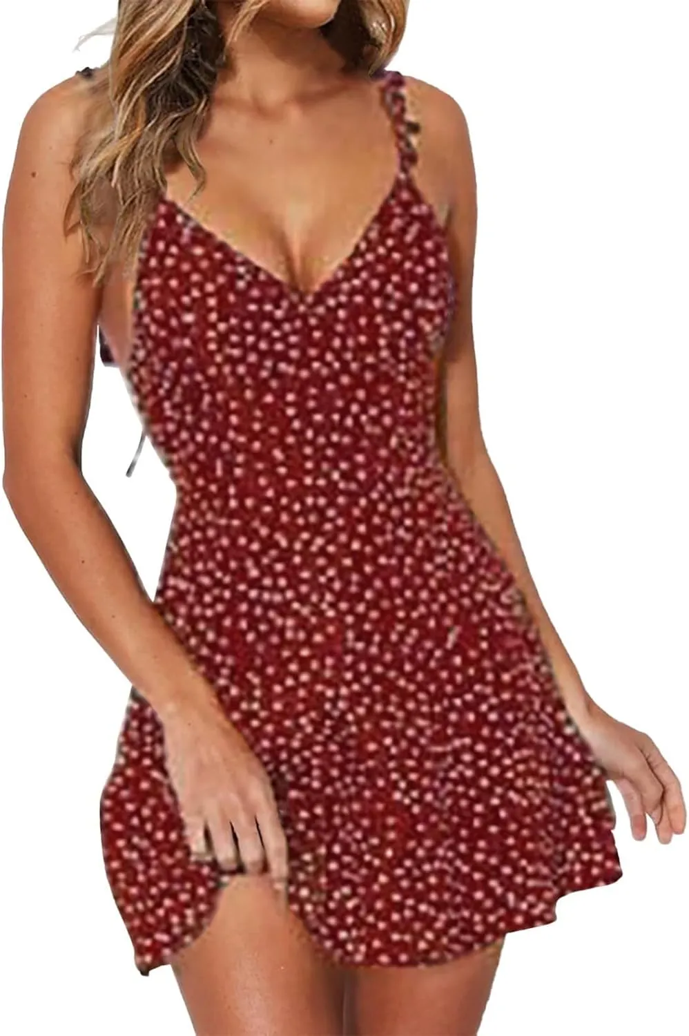 Spaghetti Straps Boho Dress for Women 2025 Summer V Neck Sleeveless Floral Printed Mini Sun Dresses Beach Vacation Clothes