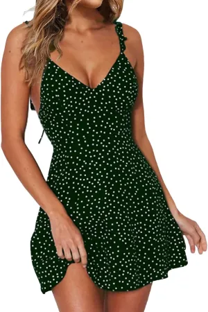 Spaghetti Straps Boho Dress for Women 2025 Summer V Neck Sleeveless Floral Printed Mini Sun Dresses Beach Vacation Clothes