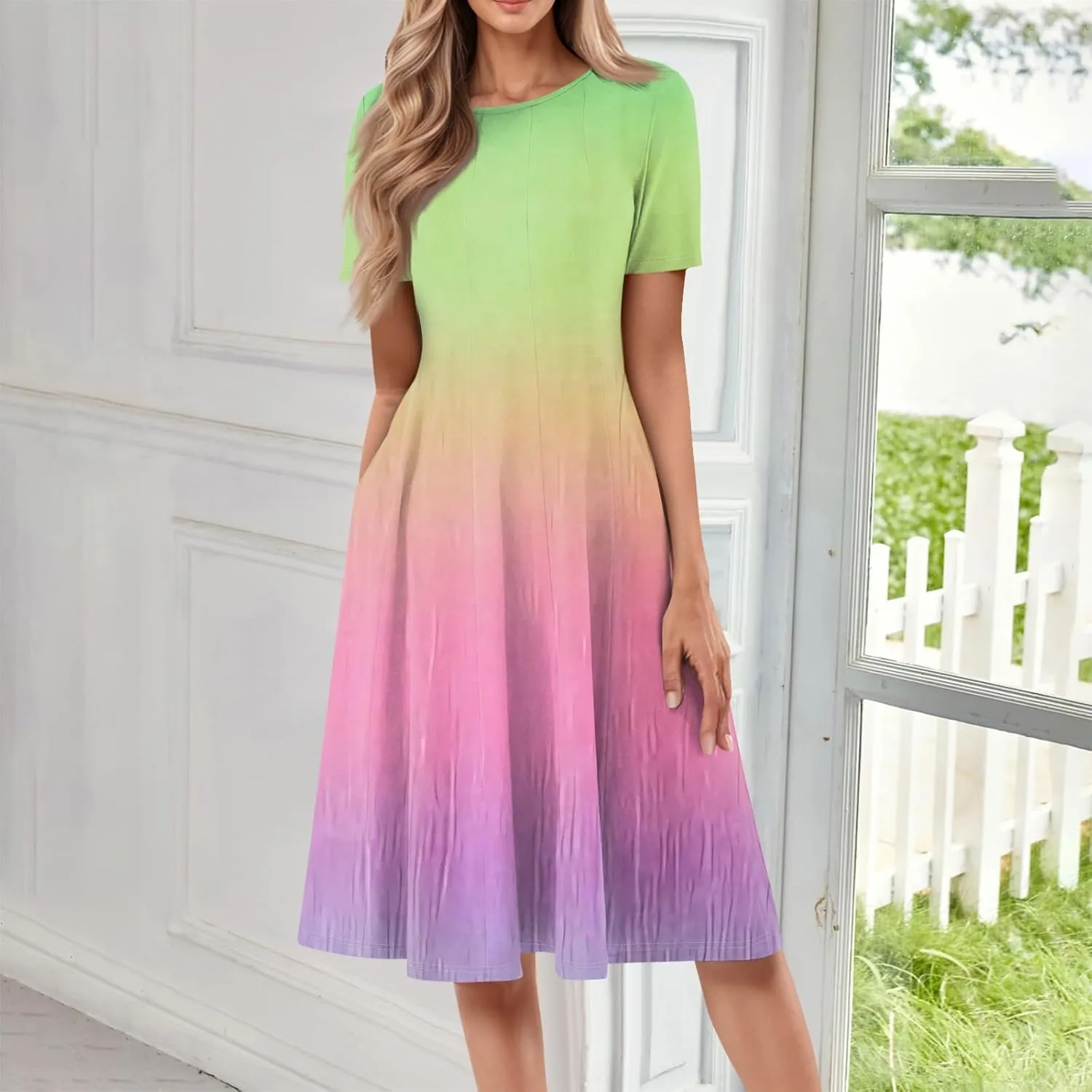 Spring Dresses for Women 2025 Cinched Waist Short Sleeve with Side Pocket Womens Dress Flowy Midi Scoop Neck Dress
