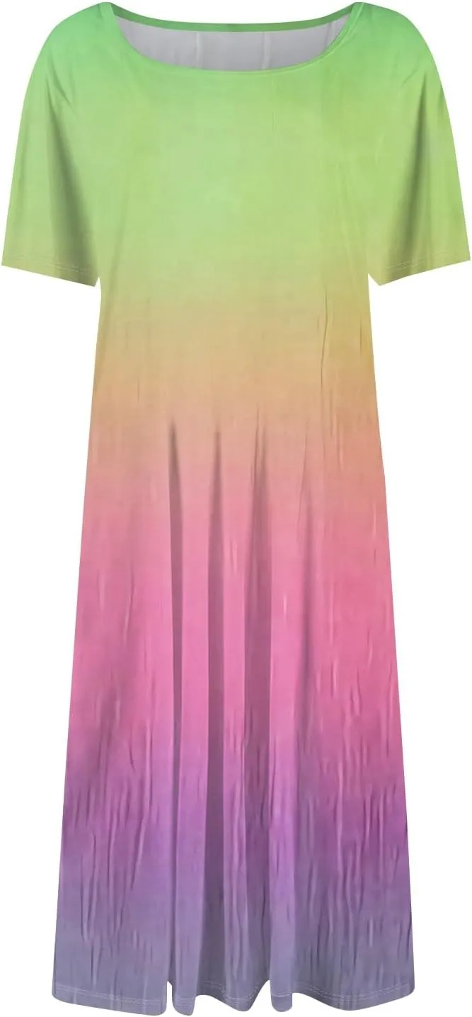 Spring Dresses for Women 2025 Cinched Waist Short Sleeve with Side Pocket Womens Dress Flowy Midi Scoop Neck Dress