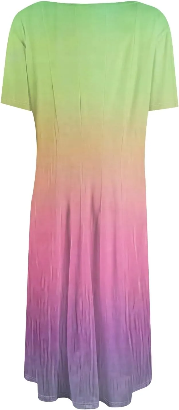 Spring Dresses for Women 2025 Cinched Waist Short Sleeve with Side Pocket Womens Dress Flowy Midi Scoop Neck Dress