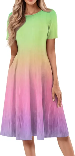 Spring Dresses for Women 2025 Cinched Waist Short Sleeve with Side Pocket Womens Dress Flowy Midi Scoop Neck Dress