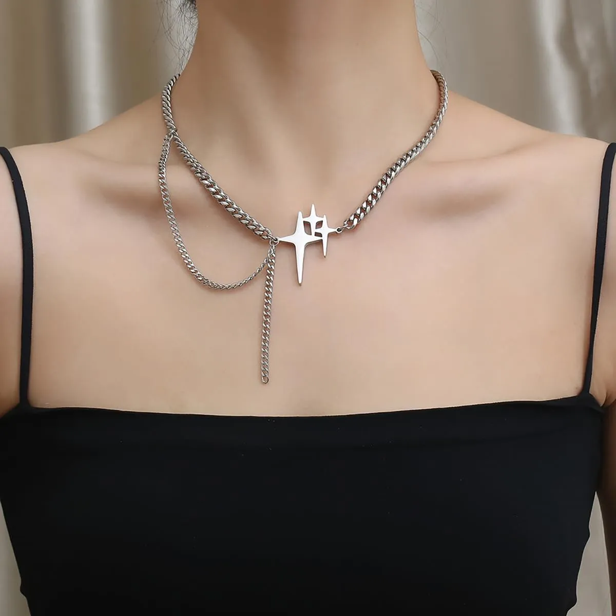 Star Necklaces for Women Men Star Tassel Chain Cross Necklaces Stainless Steel Cuban Link Necklaces Silver Friendship Couple Necklaces Hip-hop Punk Jewelry Gifts