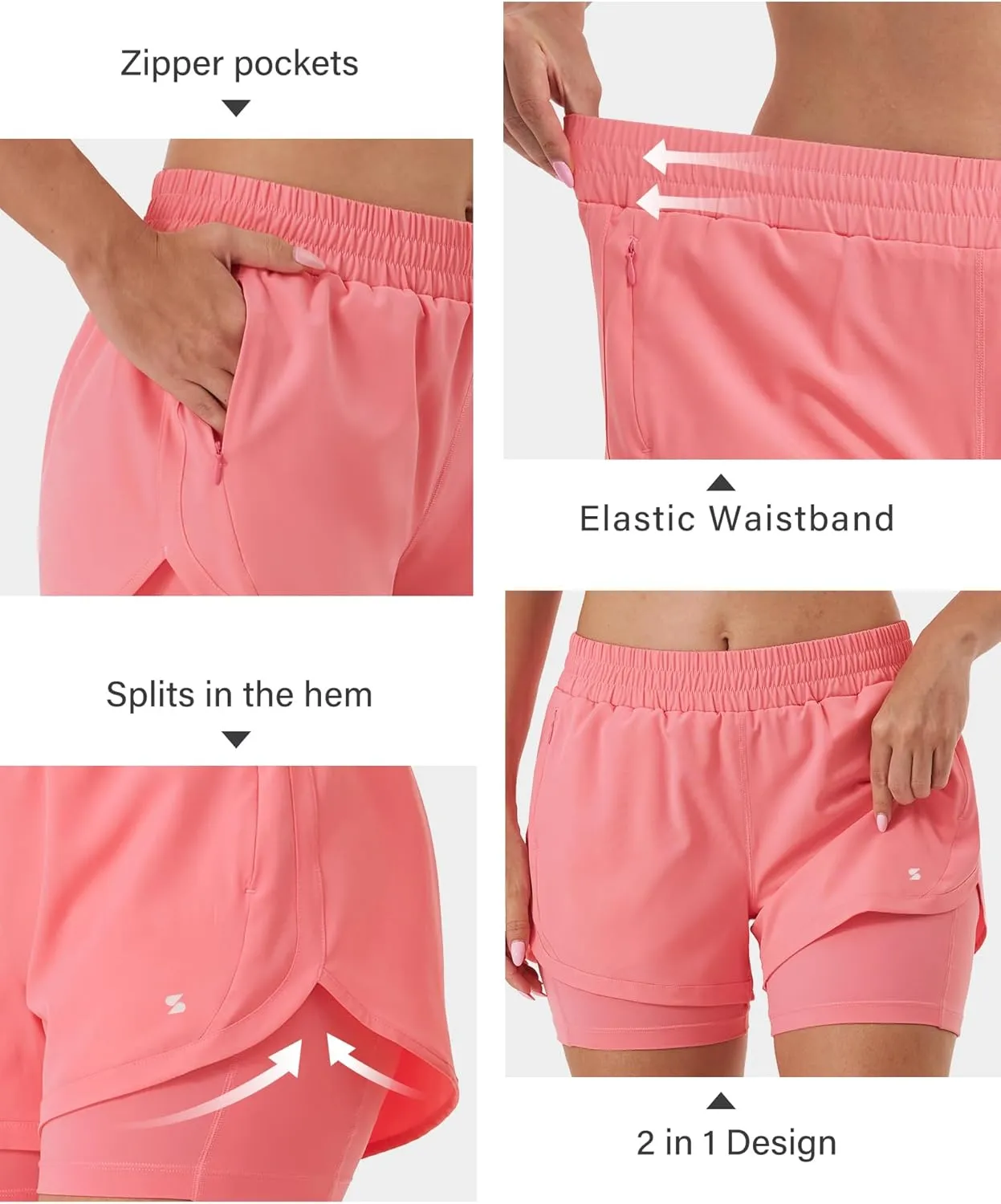 Stelle Women 2 in 1 Running Shorts High Waisted Athletic Shorts Gym Workout Shorts with Liner Zipper Pockets