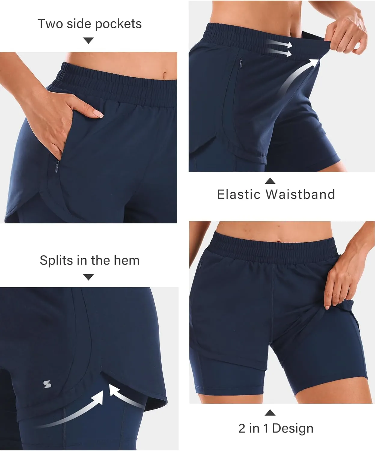 Stelle Women 2 in 1 Running Shorts High Waisted Athletic Shorts Gym Workout Shorts with Liner Zipper Pockets