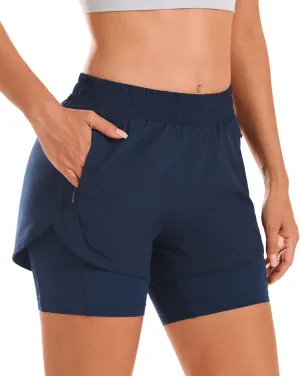 Stelle Women 2 in 1 Running Shorts High Waisted Athletic Shorts Gym Workout Shorts with Liner Zipper Pockets
