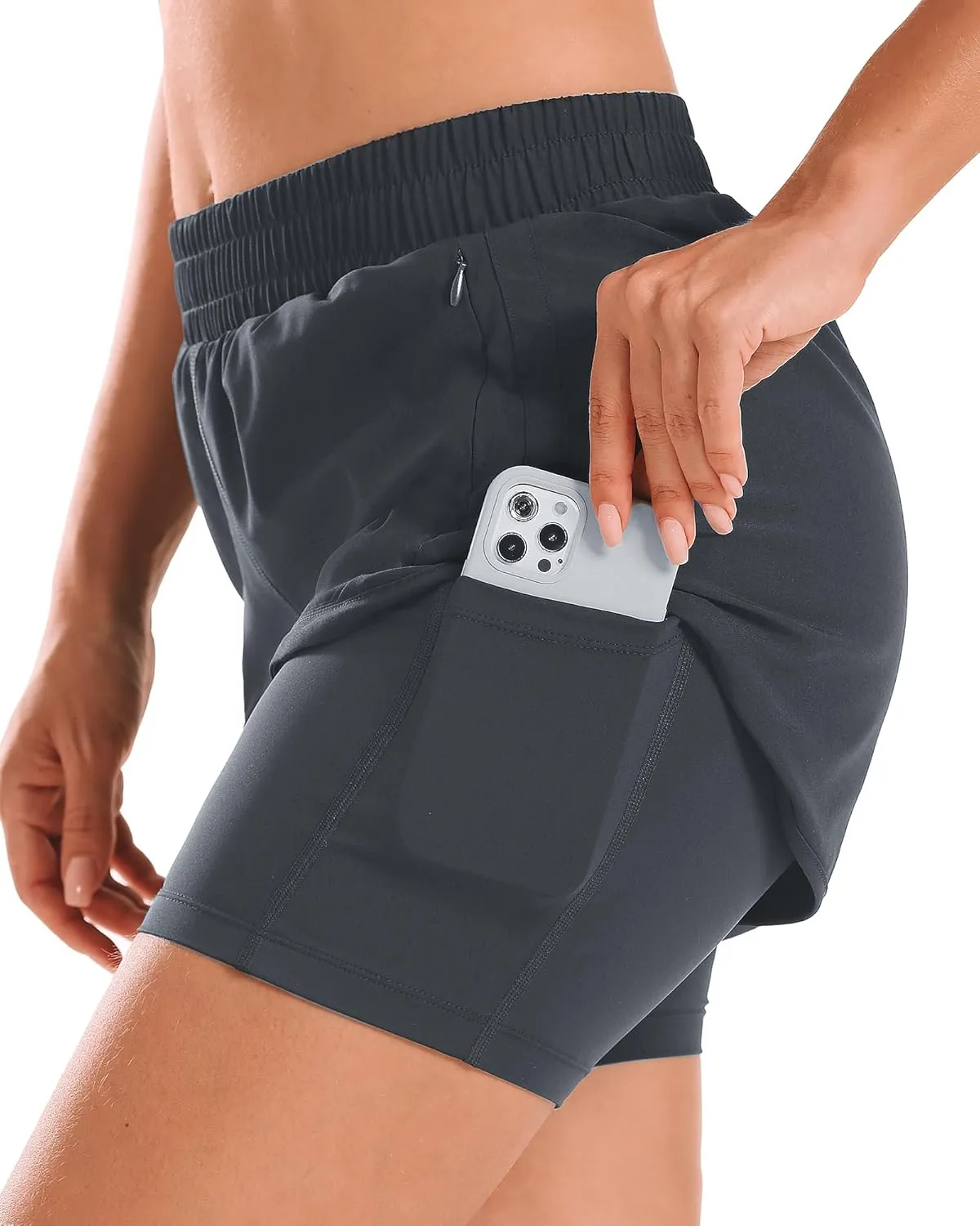 Stelle Women 2 in 1 Running Shorts High Waisted Athletic Shorts Gym Workout Shorts with Liner Zipper Pockets