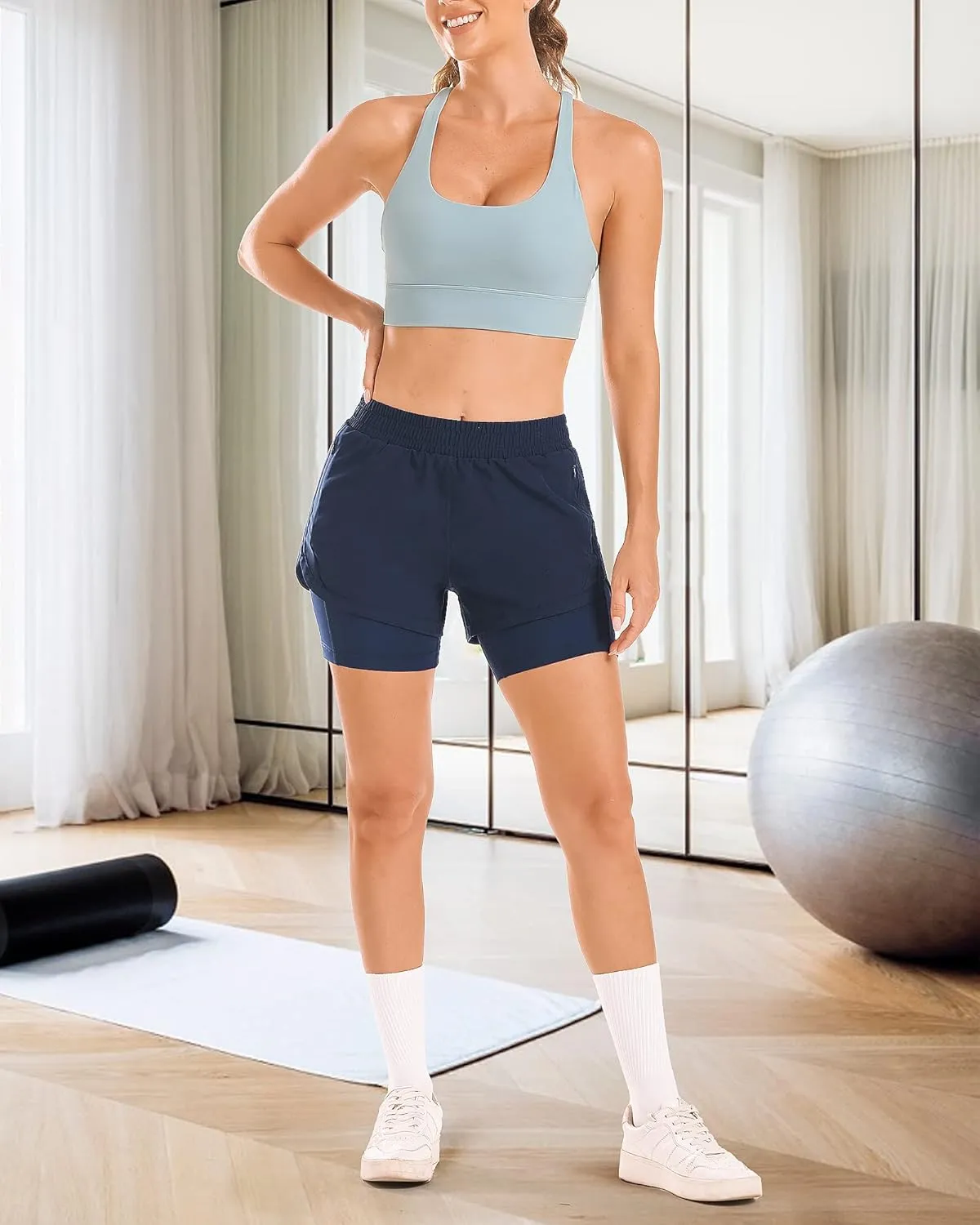 Stelle Women 2 in 1 Running Shorts High Waisted Athletic Shorts Gym Workout Shorts with Liner Zipper Pockets