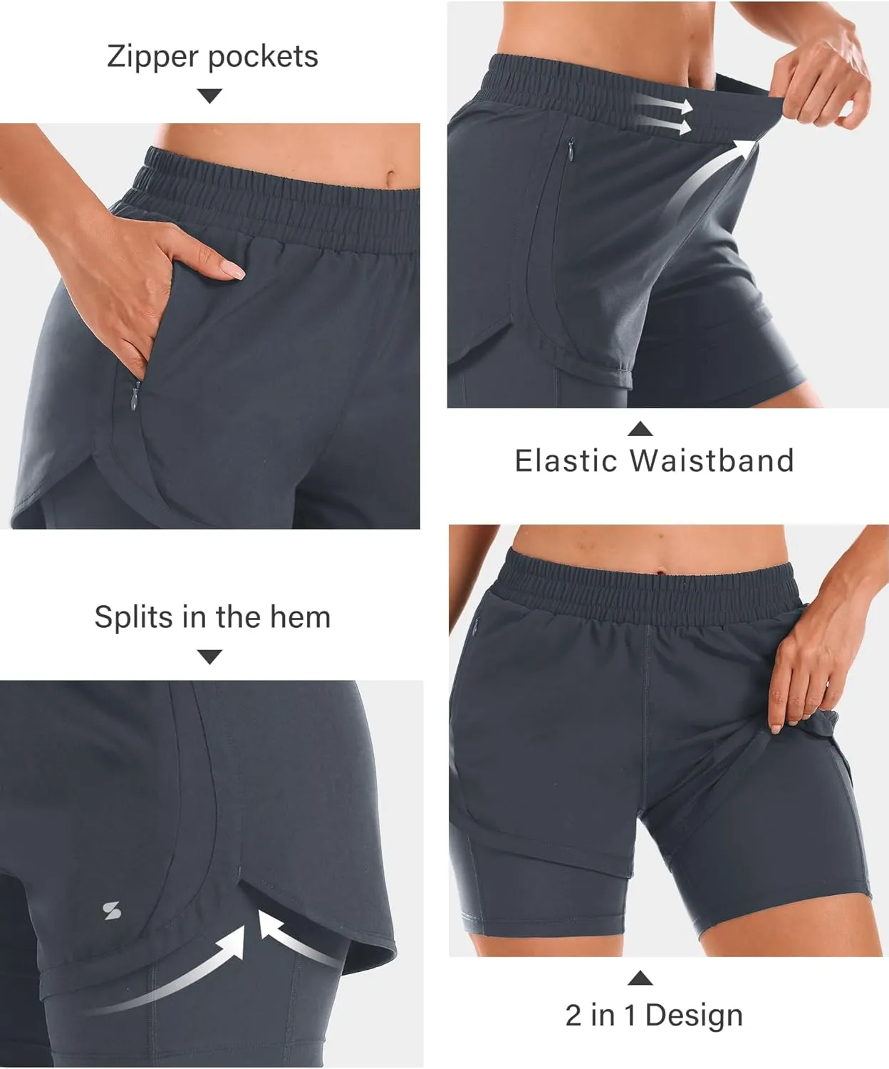 Stelle Women 2 in 1 Running Shorts High Waisted Athletic Shorts Gym Workout Shorts with Liner Zipper Pockets