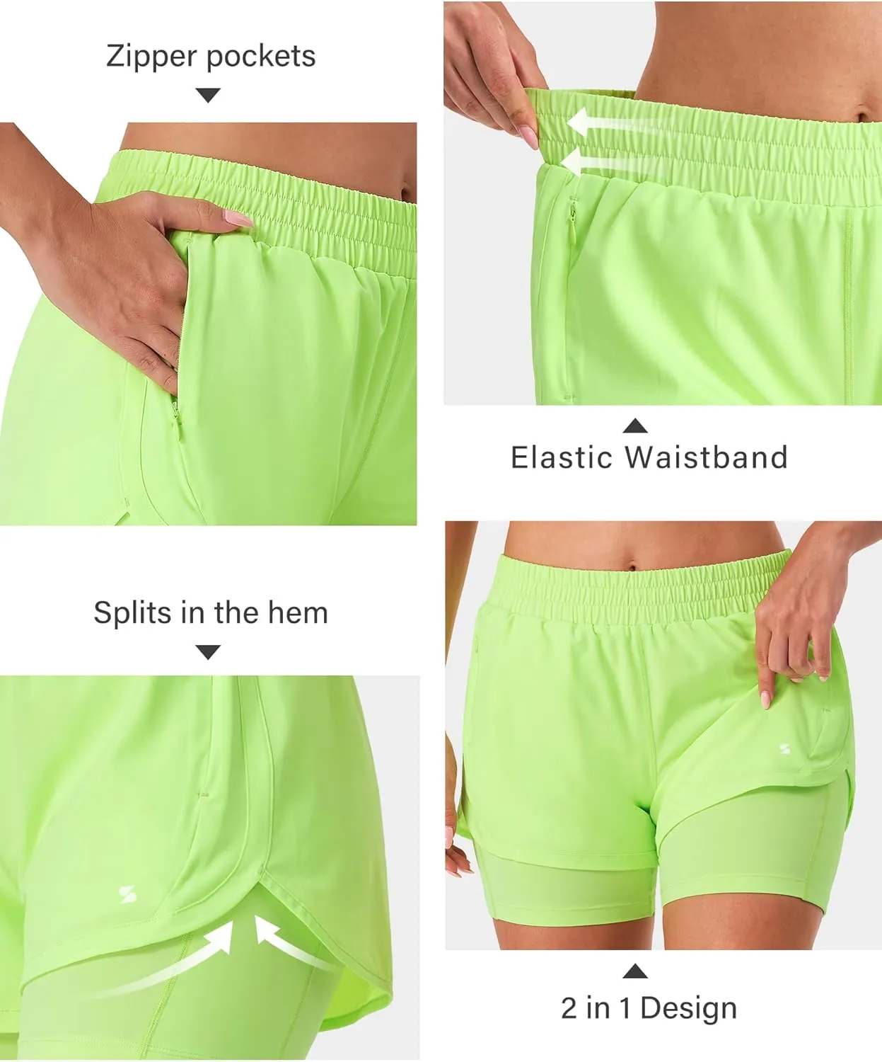 Stelle Women 2 in 1 Running Shorts High Waisted Athletic Shorts Gym Workout Shorts with Liner Zipper Pockets