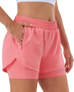 Stelle Women 2 in 1 Running Shorts High Waisted Athletic Shorts Gym Workout Shorts with Liner Zipper Pockets