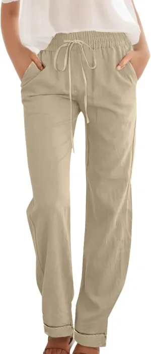 Straight Leg Linen Pants for Women 2025 Summer Slim Leg Elastic Waist Trousers Fashion Casual Lounge Work Office Pant